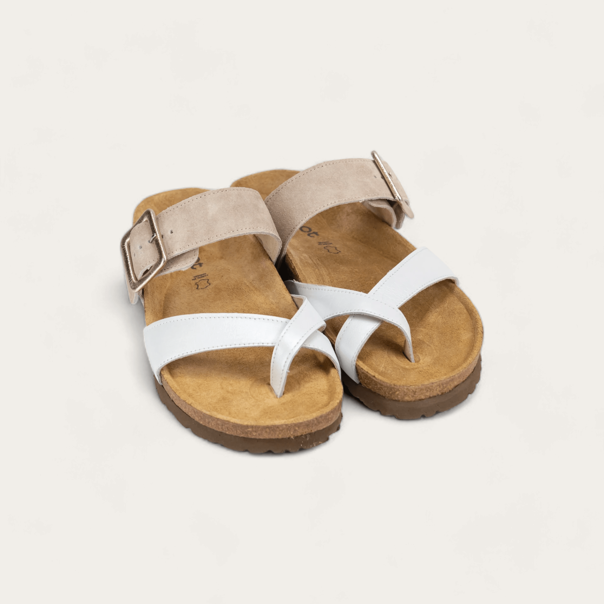 NAOT Fresno Sandals | White Pearl Leather/Sand Stone Suede - Juli's Wearable Art