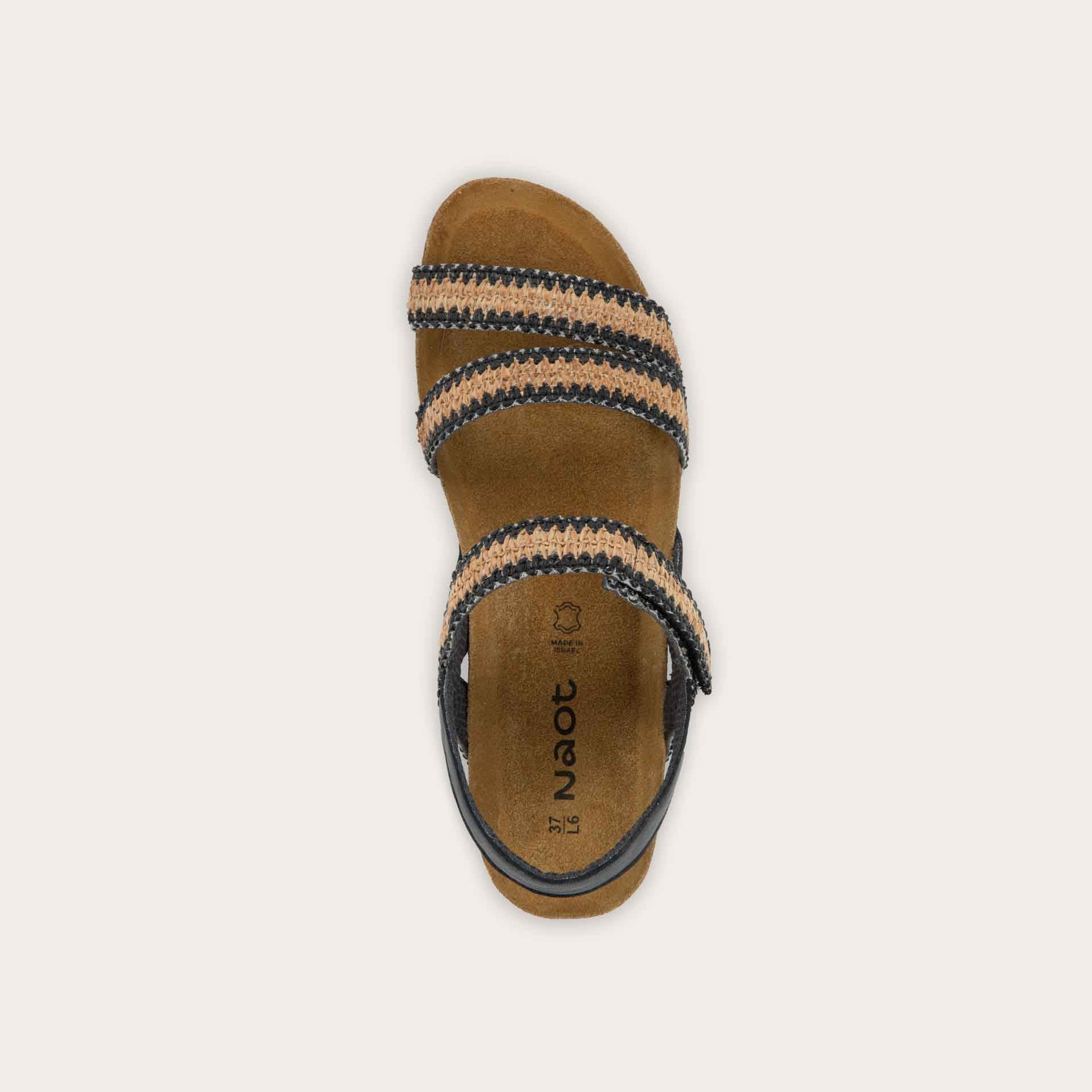 NAOT Kayla Sandals | Jet Black Leather & Raffia - Juli's Wearable Art