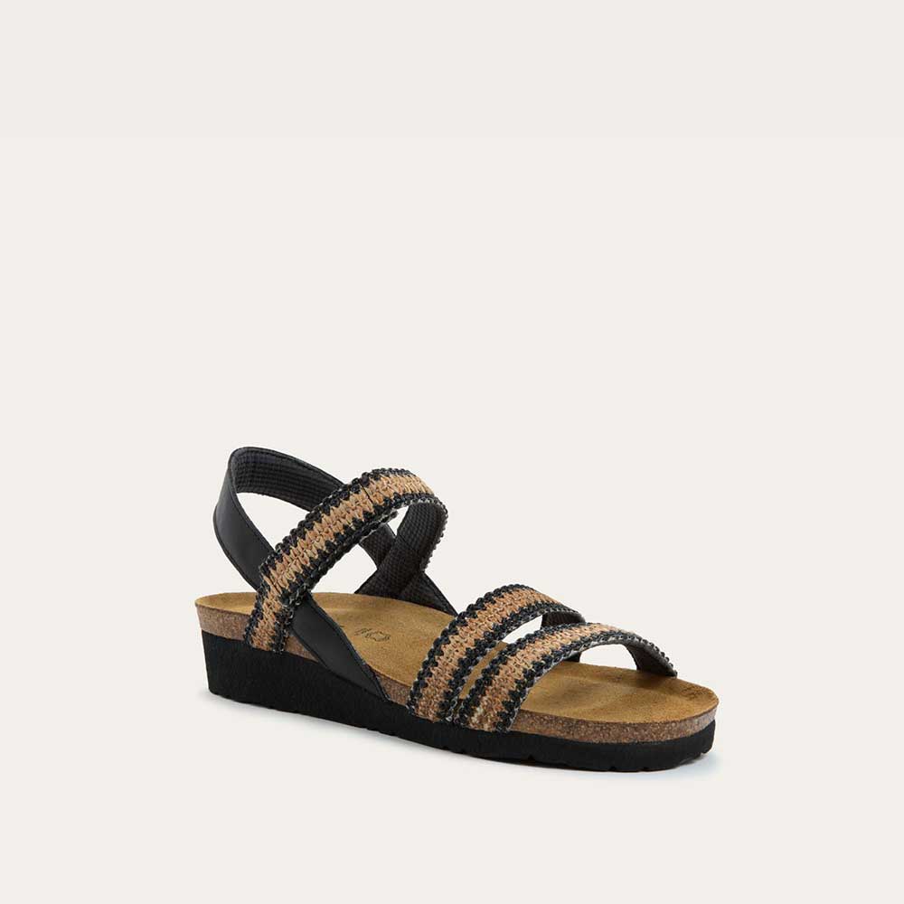 NAOT Kayla Sandals | Jet Black Leather & Raffia - Juli's Wearable Art