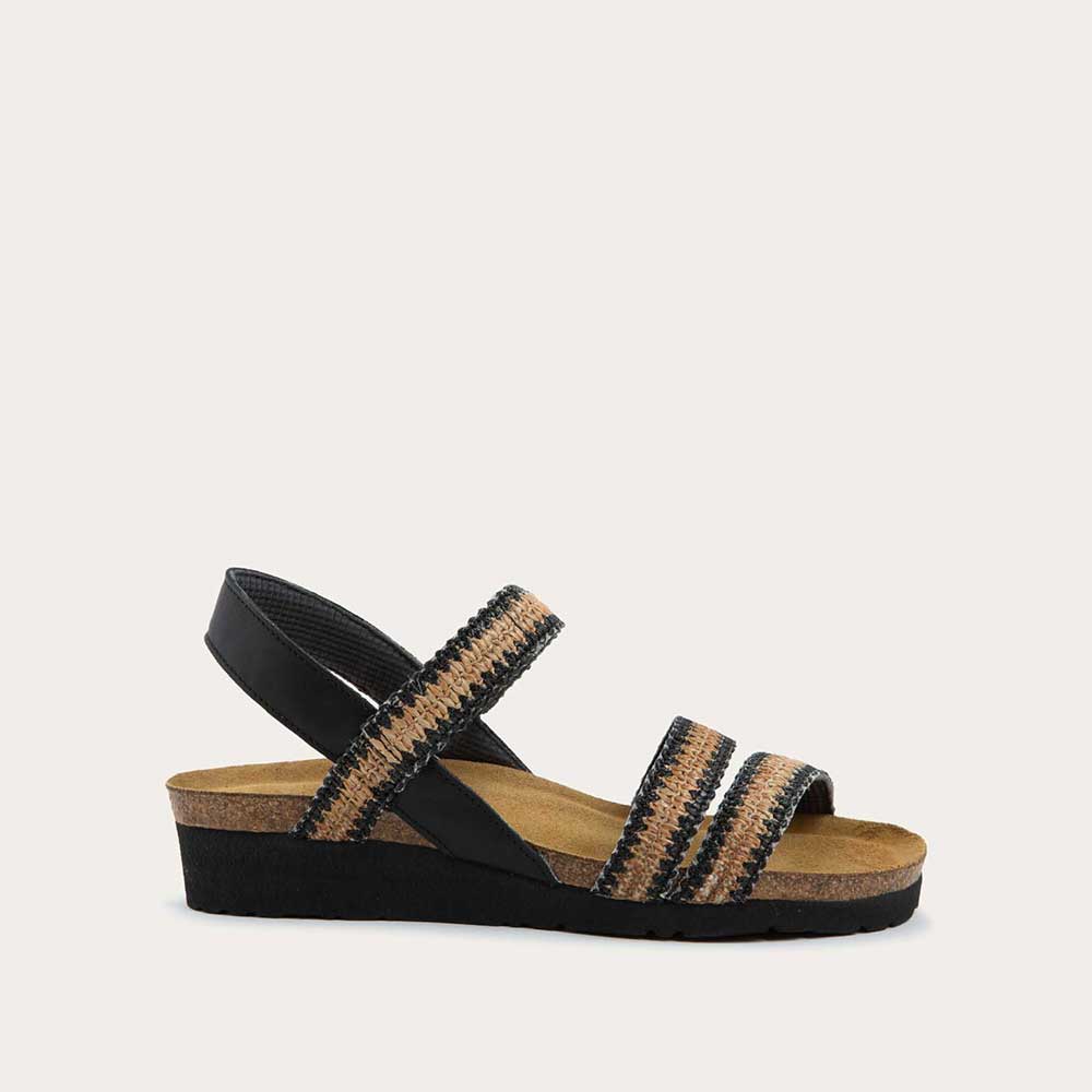 NAOT Kayla Sandals | Jet Black Leather & Raffia - Juli's Wearable Art