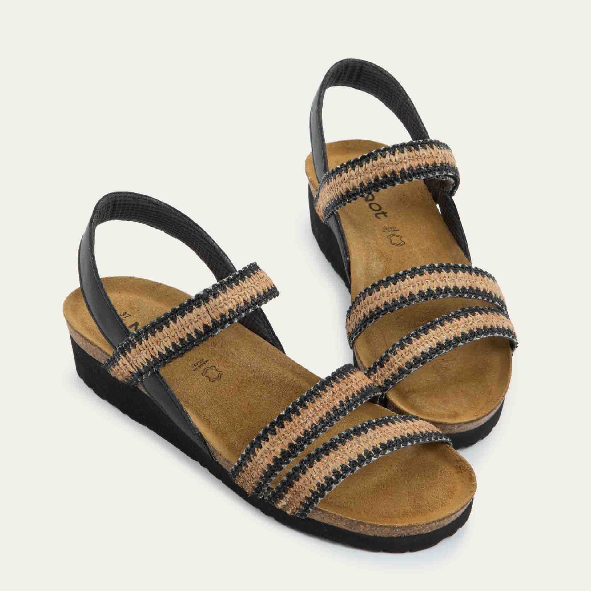 NAOT Kayla Sandals | Jet Black Leather & Raffia - Juli's Wearable Art