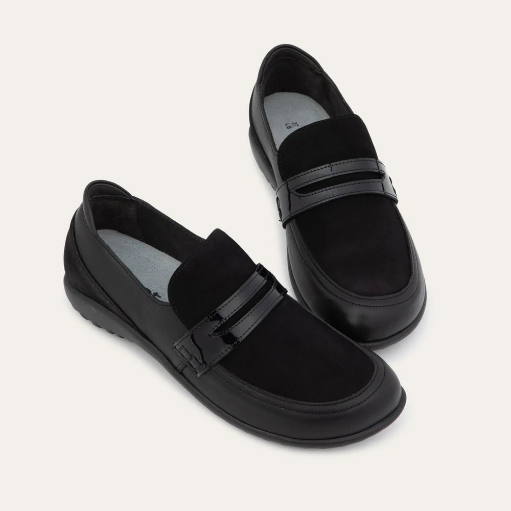 NAOT Kiso | Water Resistant Black Leather + Black Velvet Nubuck + Black Patent Leather