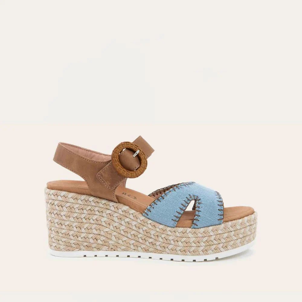 NAOT Majorca Sandals | Latte Brown Leather/Light Denim - Juli's Wearable Art