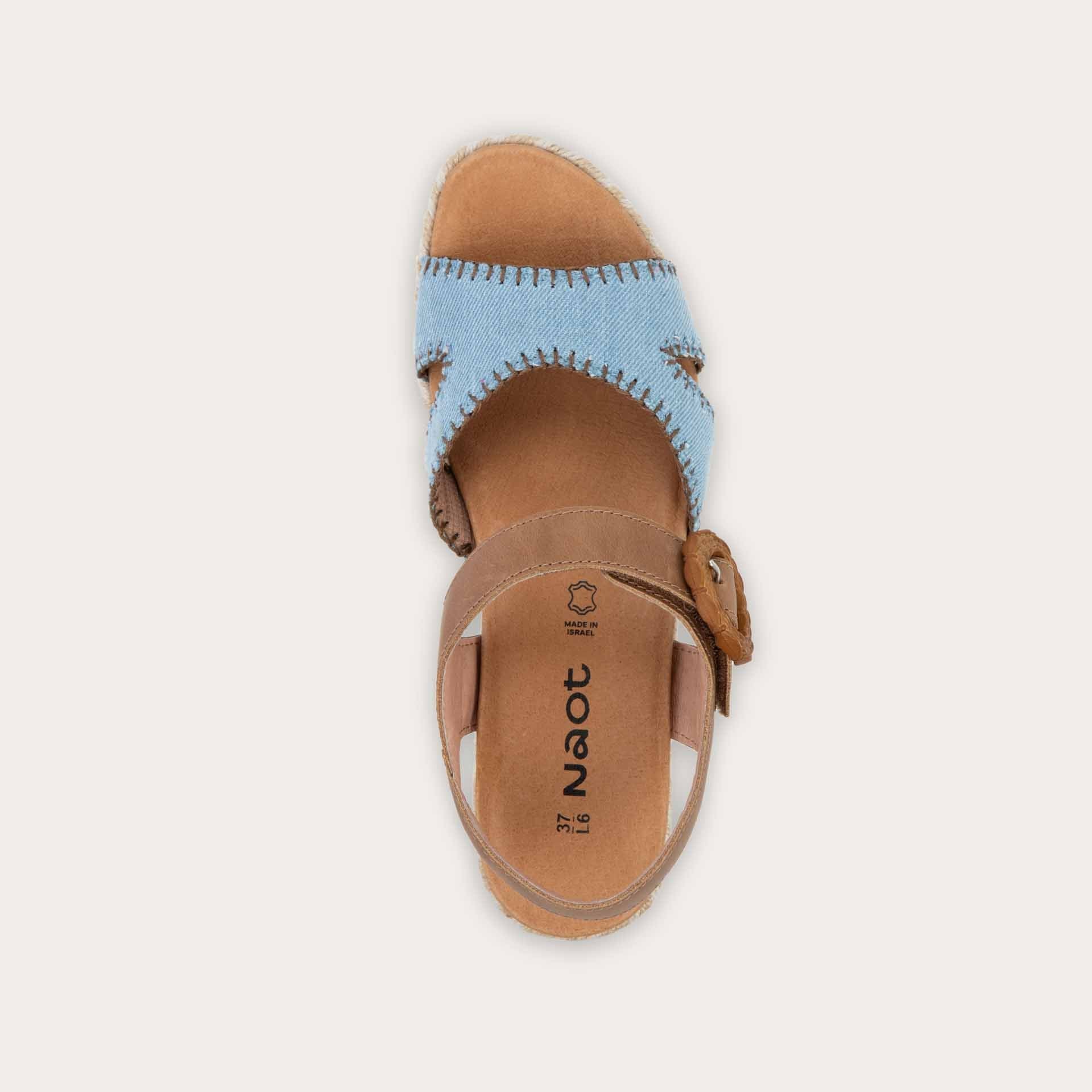 NAOT Majorca Sandals | Latte Brown Leather/Light Denim - Juli's Wearable Art