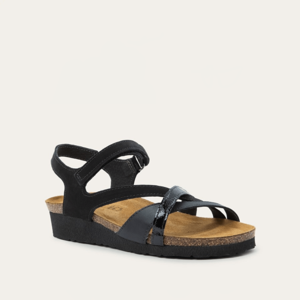 NAOT Sophia Sandal - Black Velvet Nubuck / Jet Black Leather / Black Crinkle Patent - Juli's Wearable Art