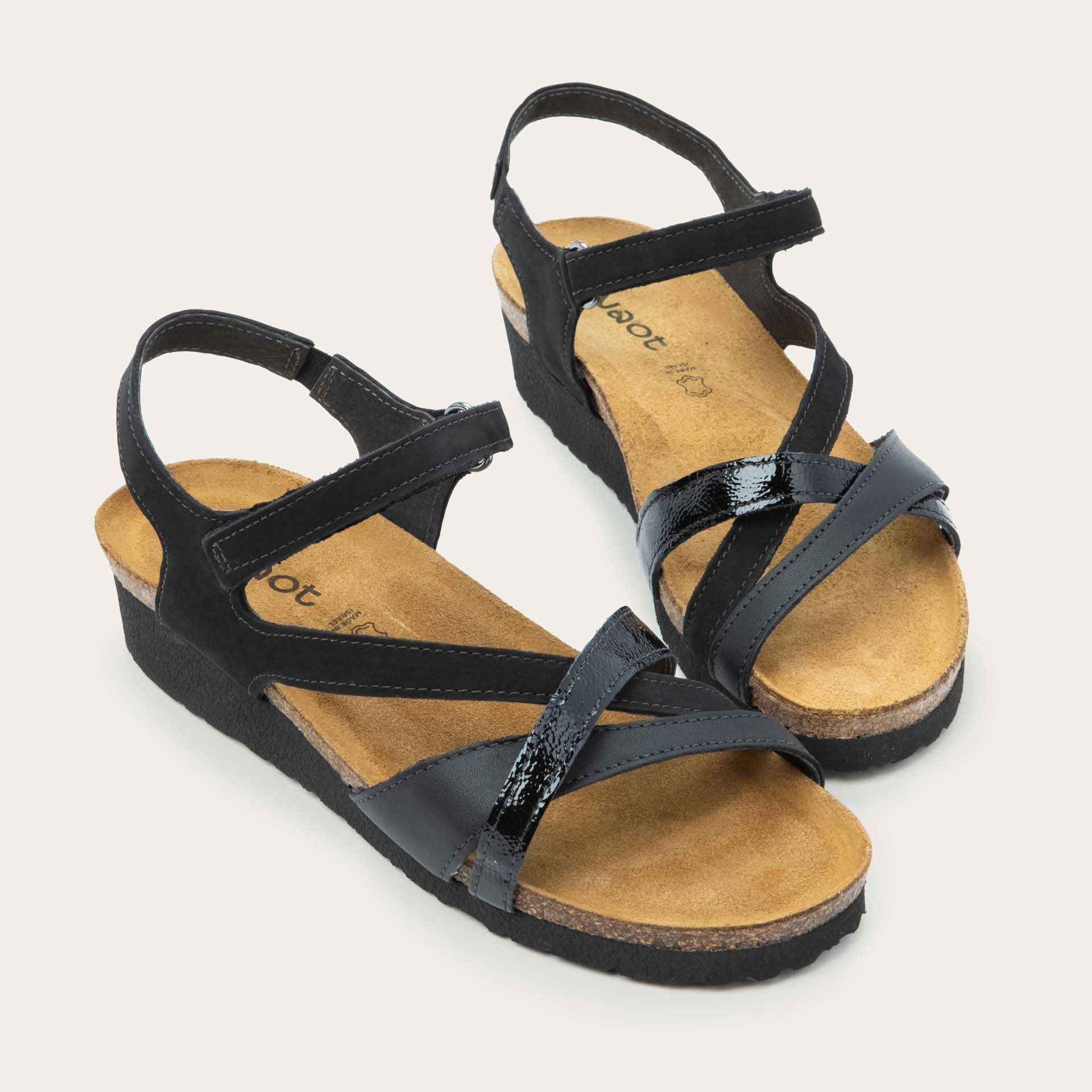 NAOT Sophia Sandal - Black Velvet Nubuck / Jet Black Leather / Black Crinkle Patent - Juli's Wearable Art