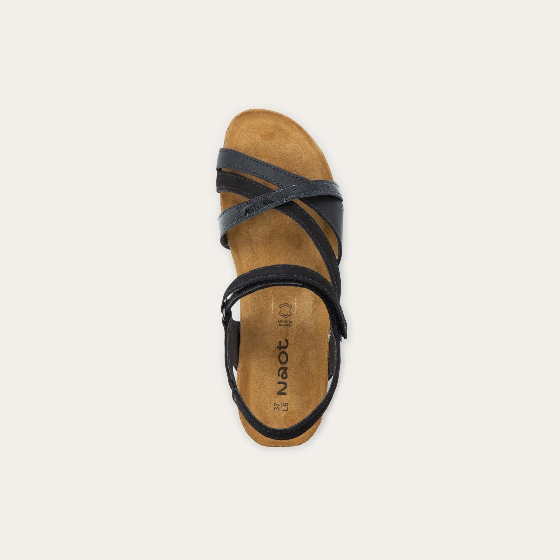 NAOT Sophia Sandal - Black Velvet Nubuck / Jet Black Leather / Black Crinkle Patent - Juli's Wearable Art