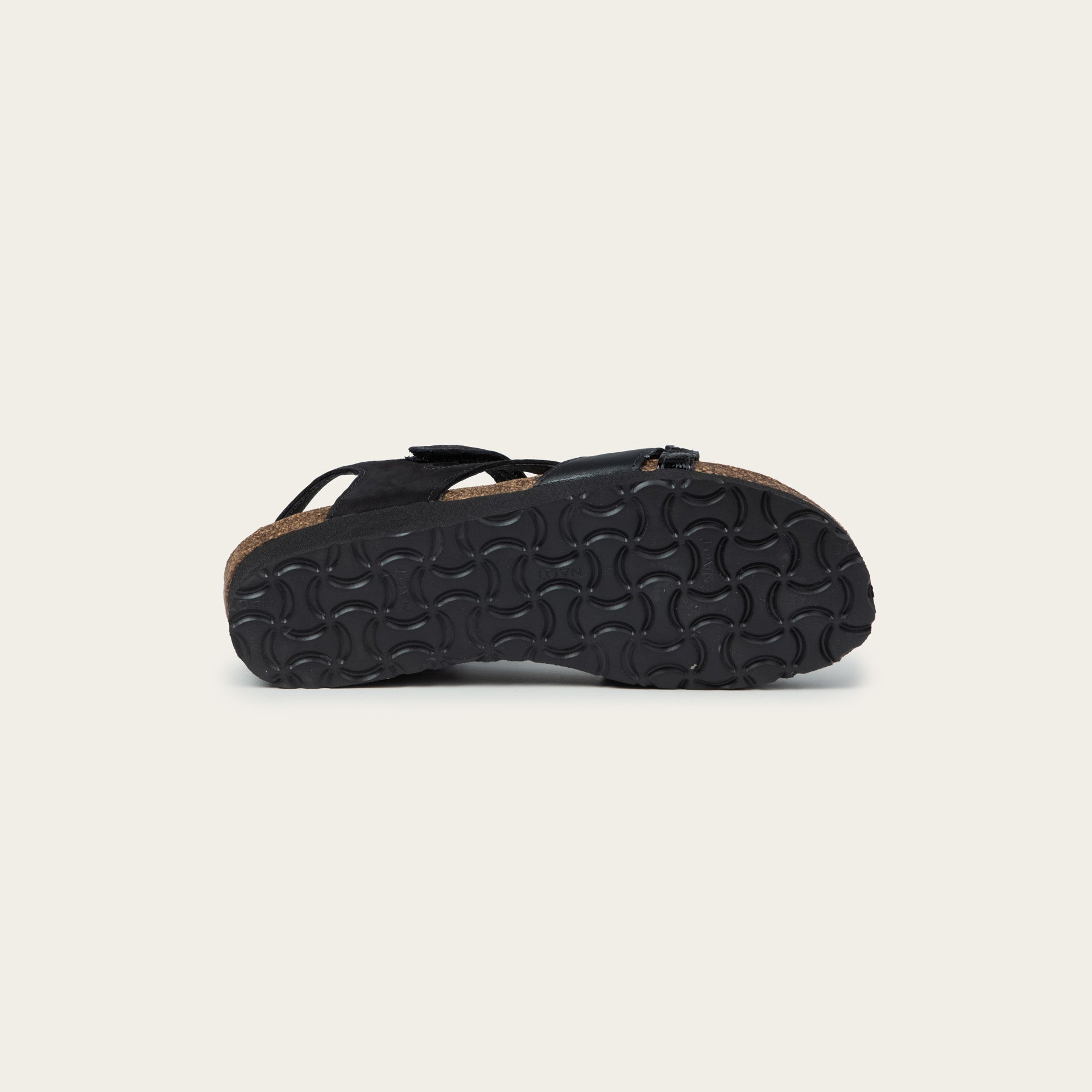 NAOT Sophia Sandal - Black Velvet Nubuck / Jet Black Leather / Black Crinkle Patent - Juli's Wearable Art