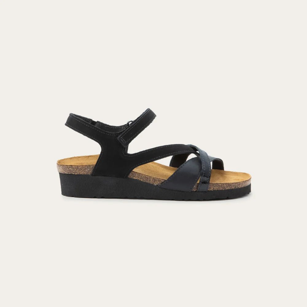 NAOT Sophia Sandal - Black Velvet Nubuck / Jet Black Leather / Black Crinkle Patent - Juli's Wearable Art