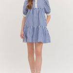 Navy Blue and White Striped Mini Dress - Juli's Wearable Art