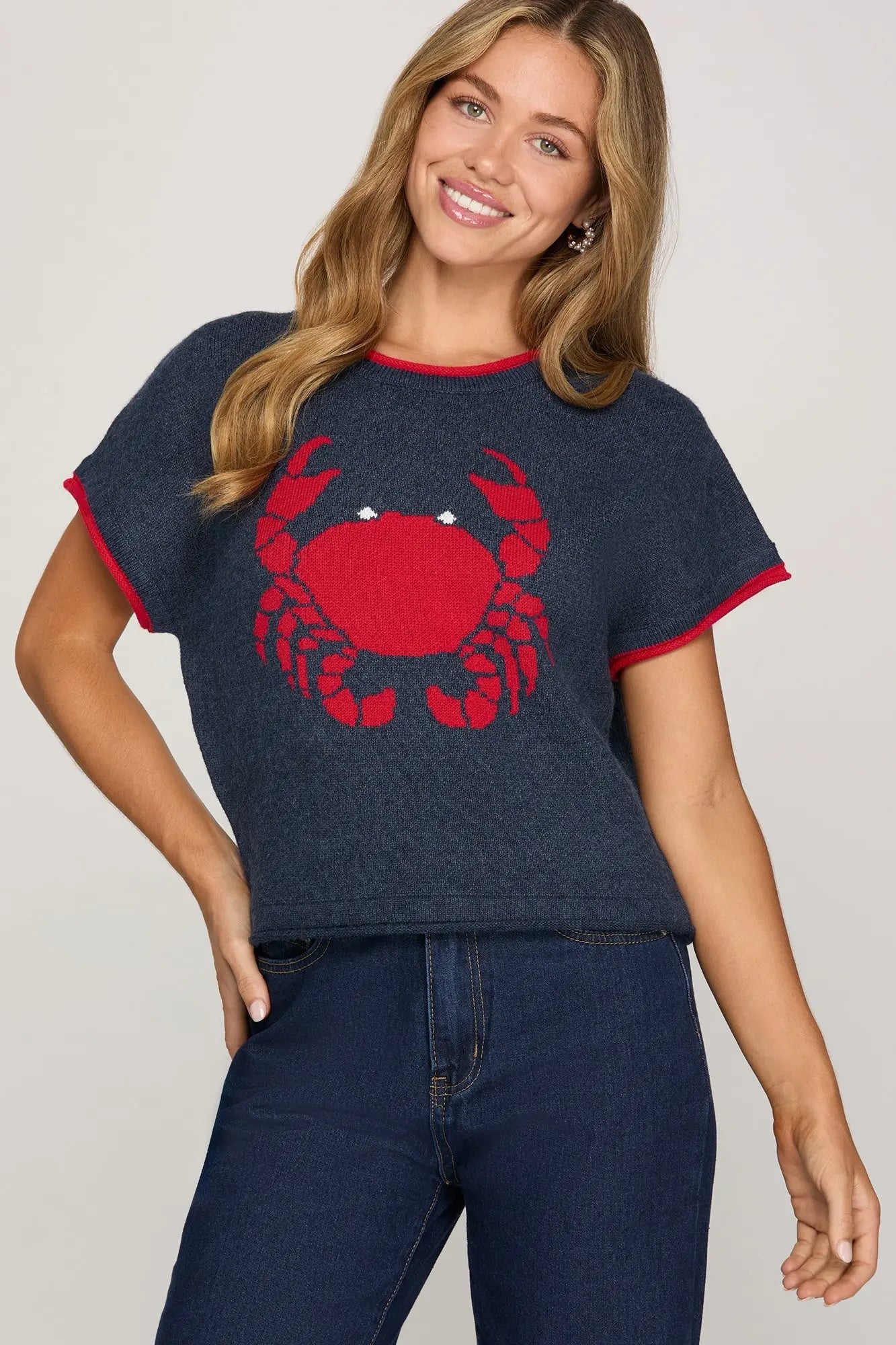 Navy Crab Print Knit Sweater Top | Navy