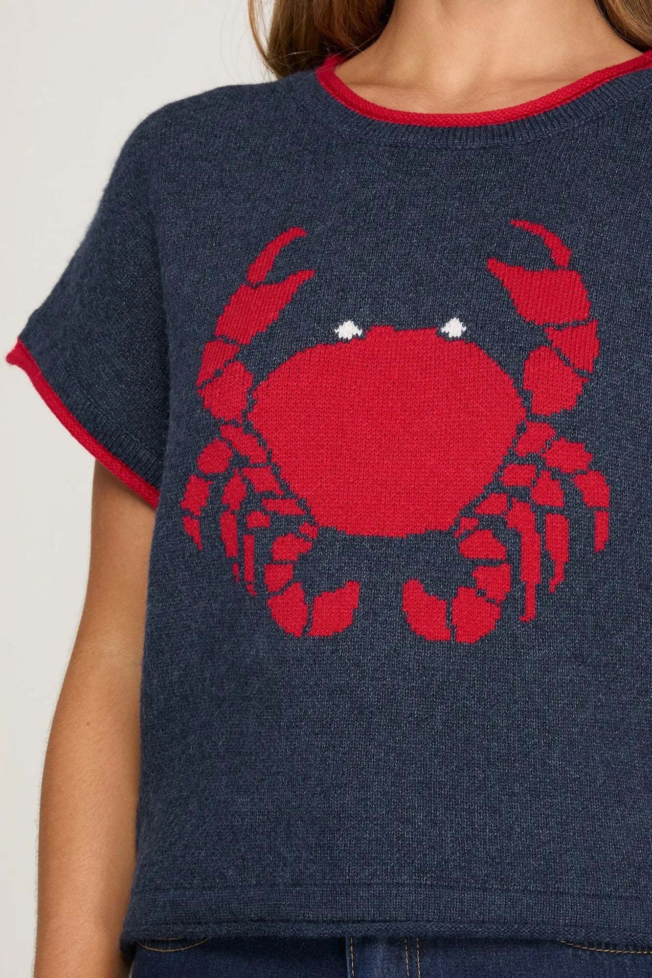 Navy Crab Print Knit Sweater Top | Navy