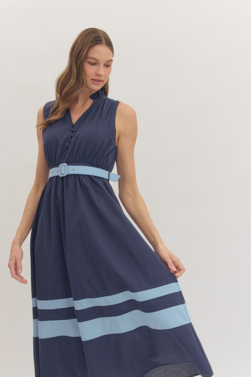 Navy Sleeveless Midi Dress with Belt - Juli's Wearable Art