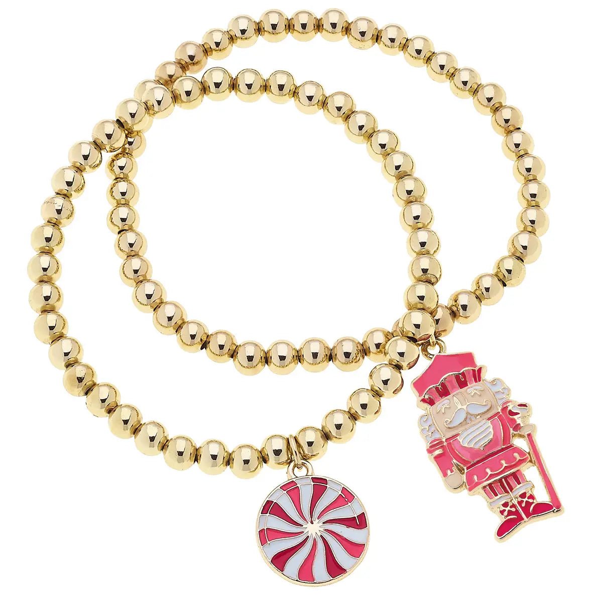 Nutcracker Ball Bead Stretch Bracelet Set of 2 – Shiny Gold - Juli's Wearable Art