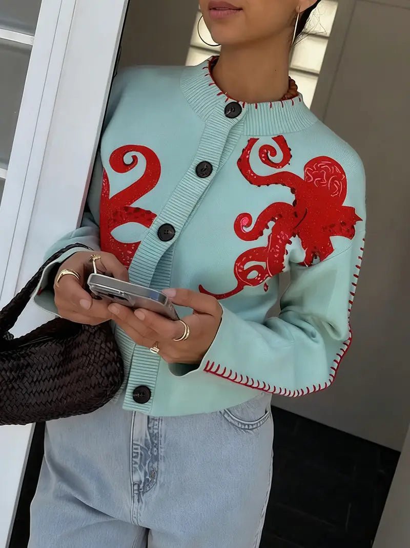 Octopus Embellished Button-Up Cardigan - Juli's Wearable Art