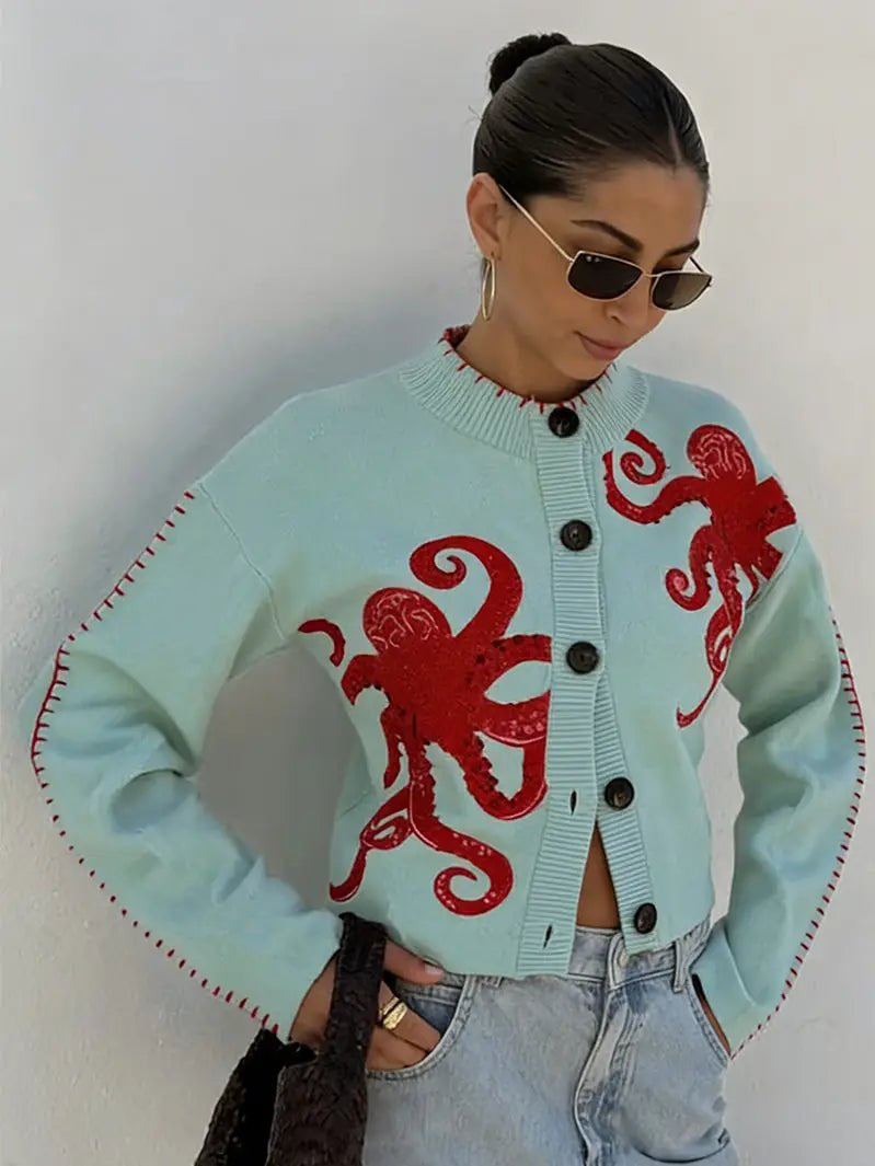 Octopus Embellished Button-Up Cardigan - Juli's Wearable Art