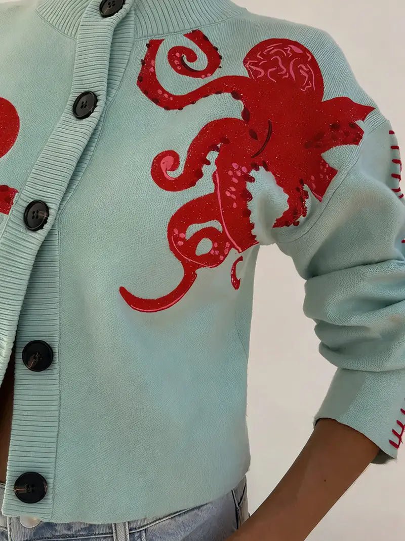 Octopus Embellished Button-Up Cardigan - Juli's Wearable Art