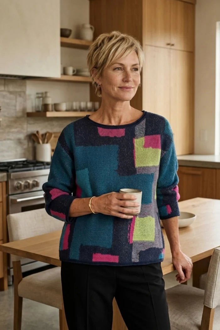 Olivia by Habitat Collage Swing Pullover Sweater | Teal