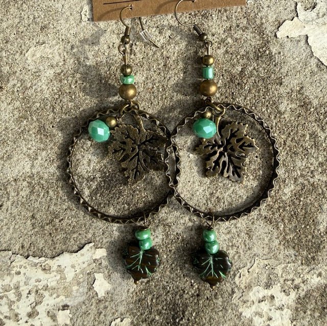 Open Circle With Leaf Accents – Dangle Drop Earrings - Juli's Wearable Art