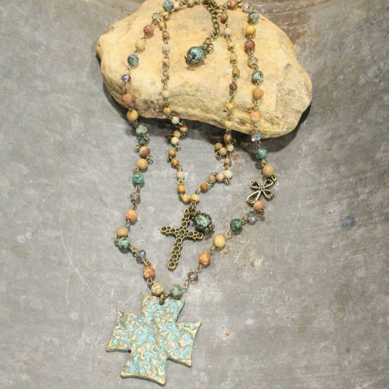 Packed With Jade & Patina Cross Layered Necklace - Juli's Wearable Art