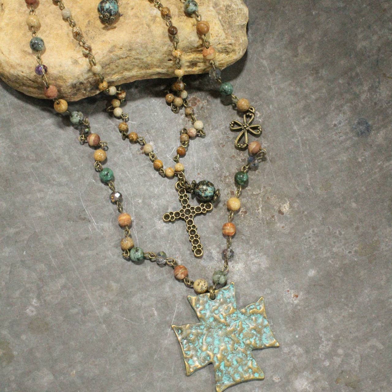 Packed With Jade & Patina Cross Layered Necklace - Juli's Wearable Art