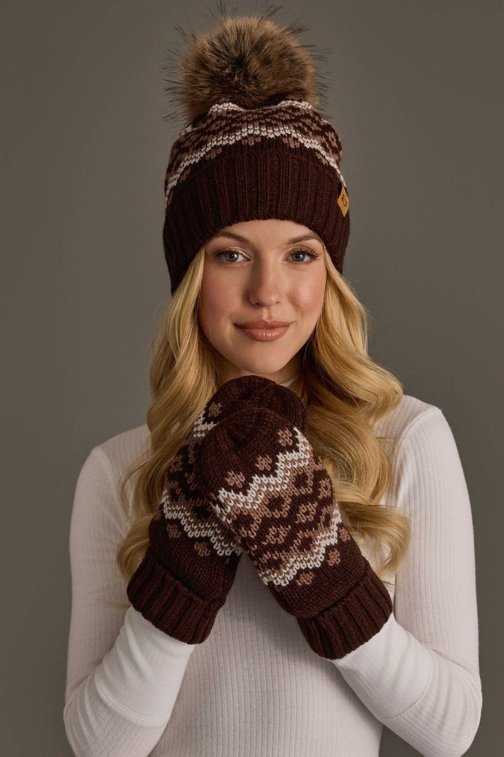 Patterned Faux Fur Pom Hat | Brown, Mocha & Light Taupe - Juli's Wearable Art