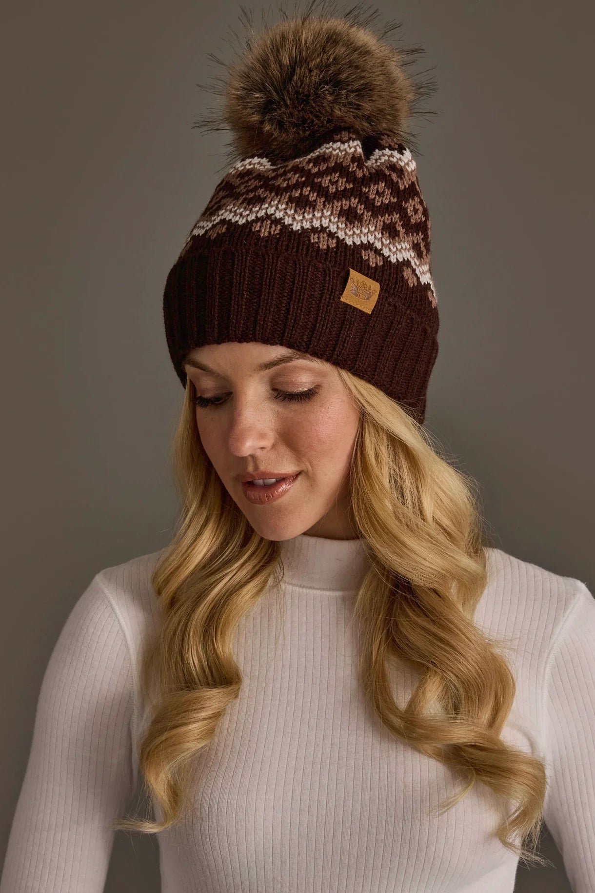 Patterned Faux Fur Pom Hat | Brown, Mocha & Light Taupe - Juli's Wearable Art