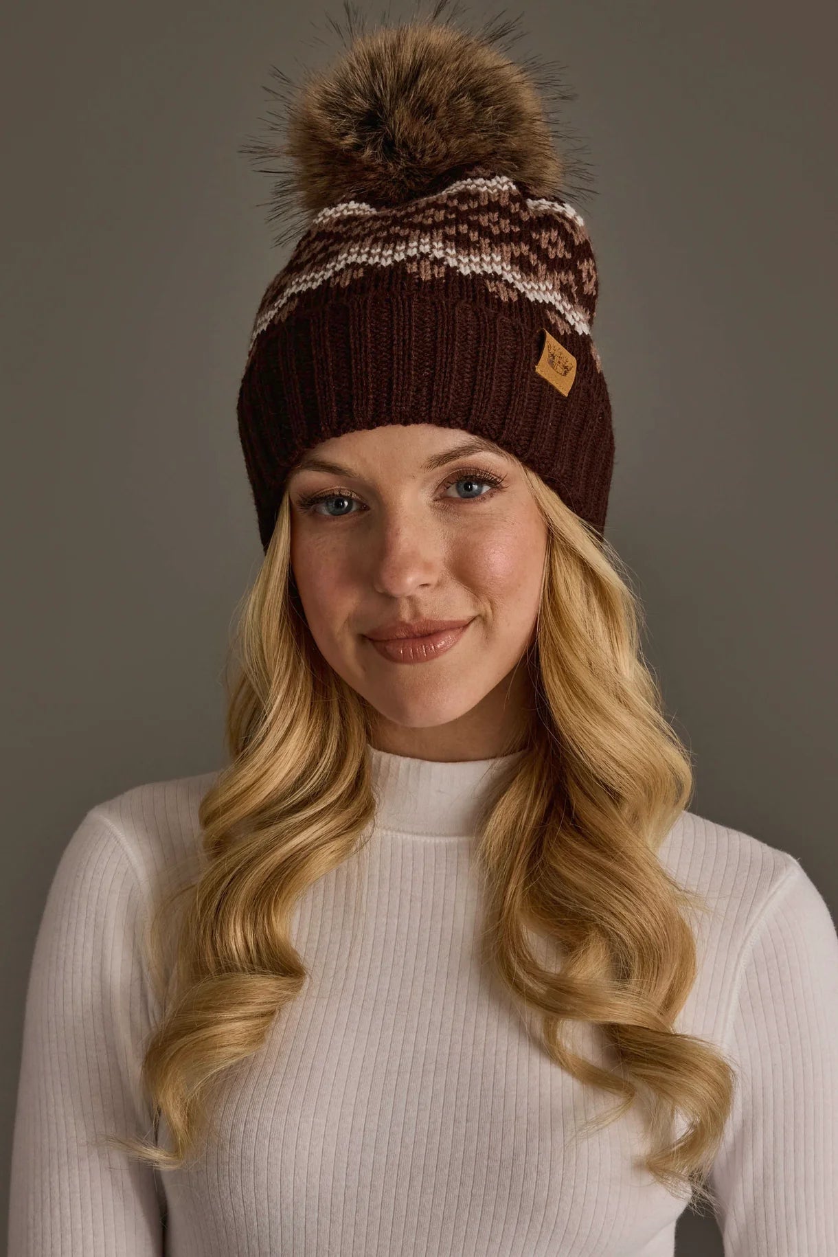 Patterned Faux Fur Pom Hat | Brown, Mocha & Light Taupe - Juli's Wearable Art