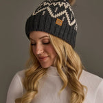 Patterned Faux Fur Pom Hat | Charcoal & Beige - Juli's Wearable Art
