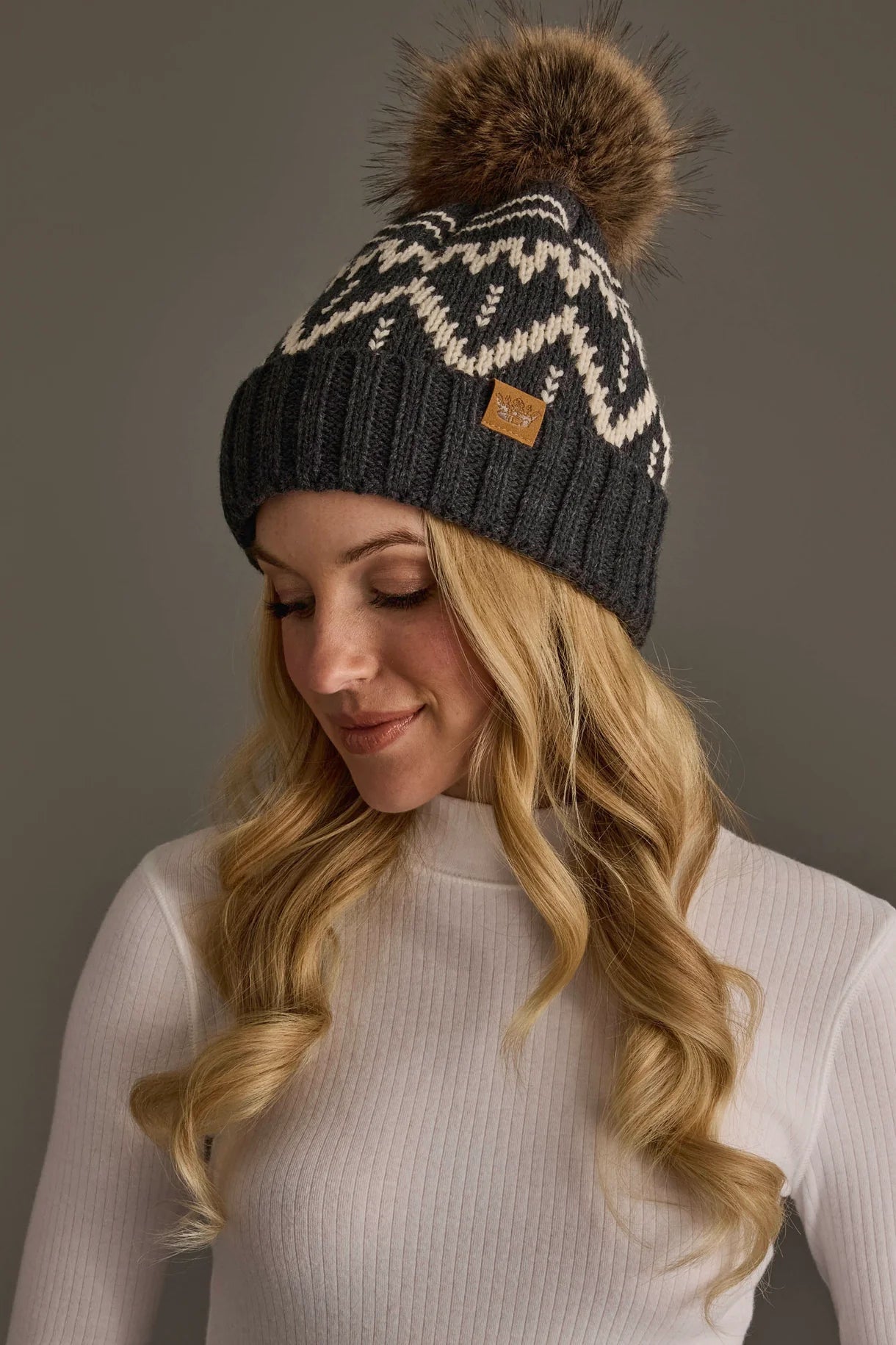 Patterned Faux Fur Pom Hat | Charcoal & Beige - Juli's Wearable Art
