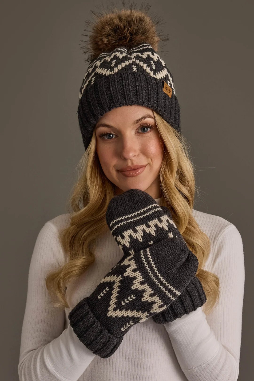 Patterned Faux Fur Pom Hat | Charcoal & Beige - Juli's Wearable Art