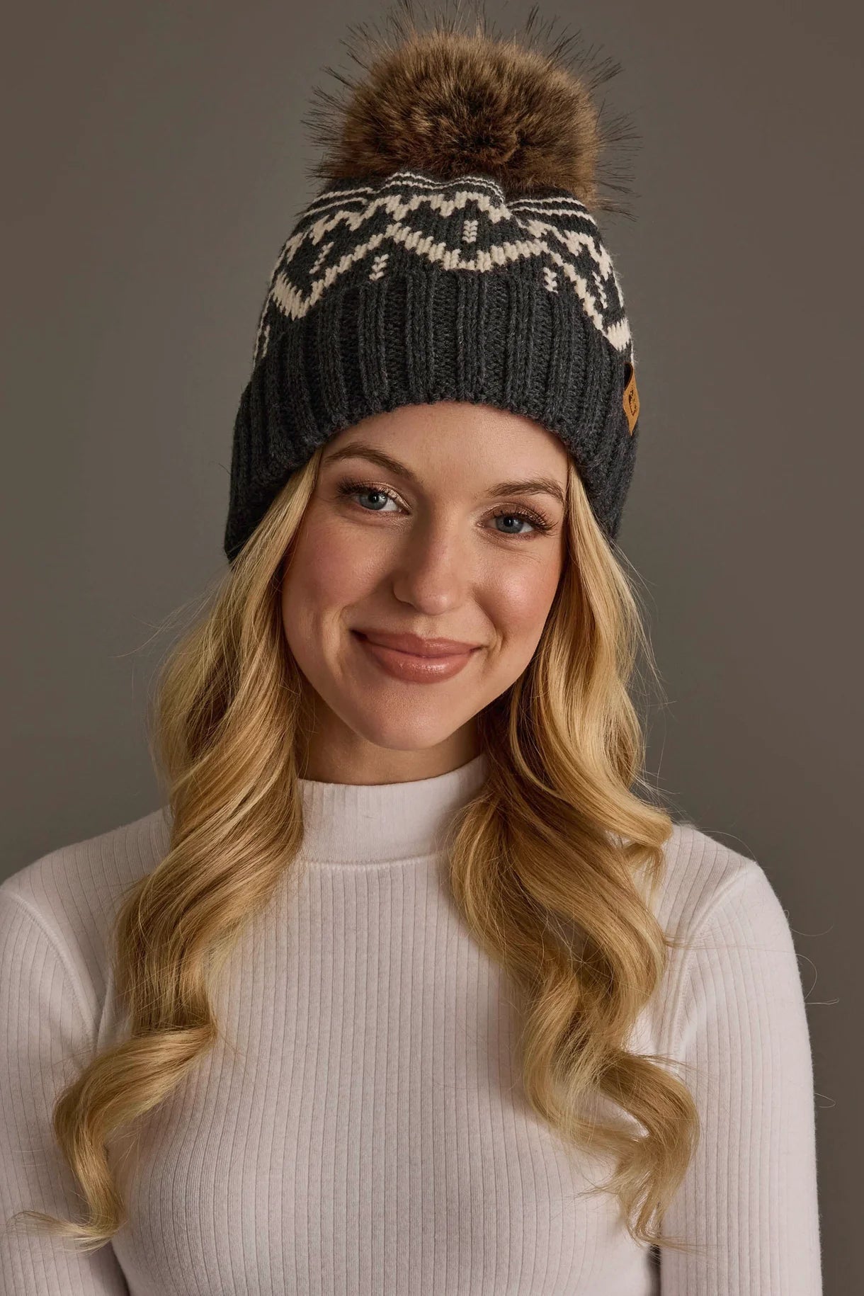 Patterned Faux Fur Pom Hat | Charcoal & Beige - Juli's Wearable Art