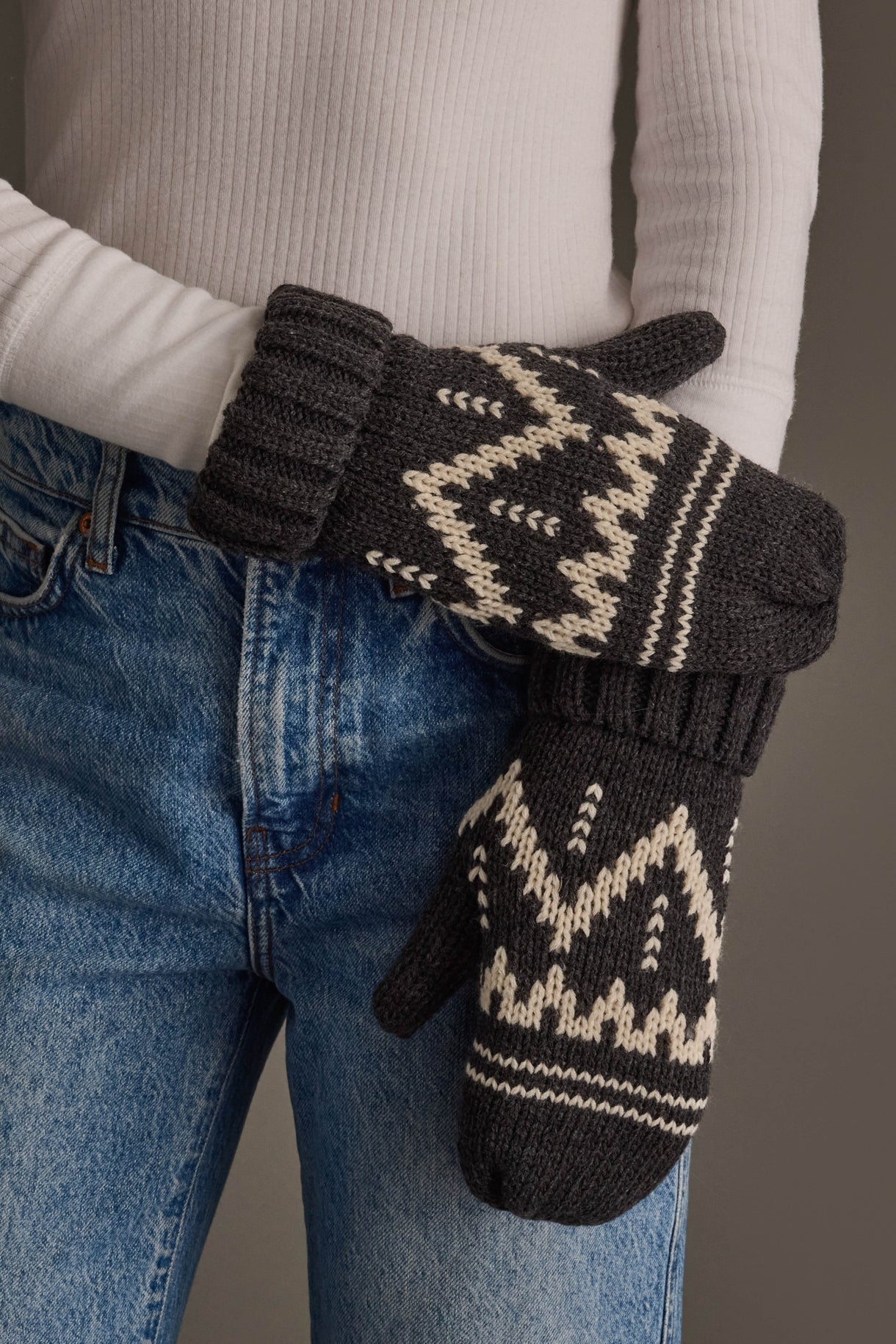 Patterned Fleece Lined Mittens | Charcoal & Beige - Juli's Wearable Art