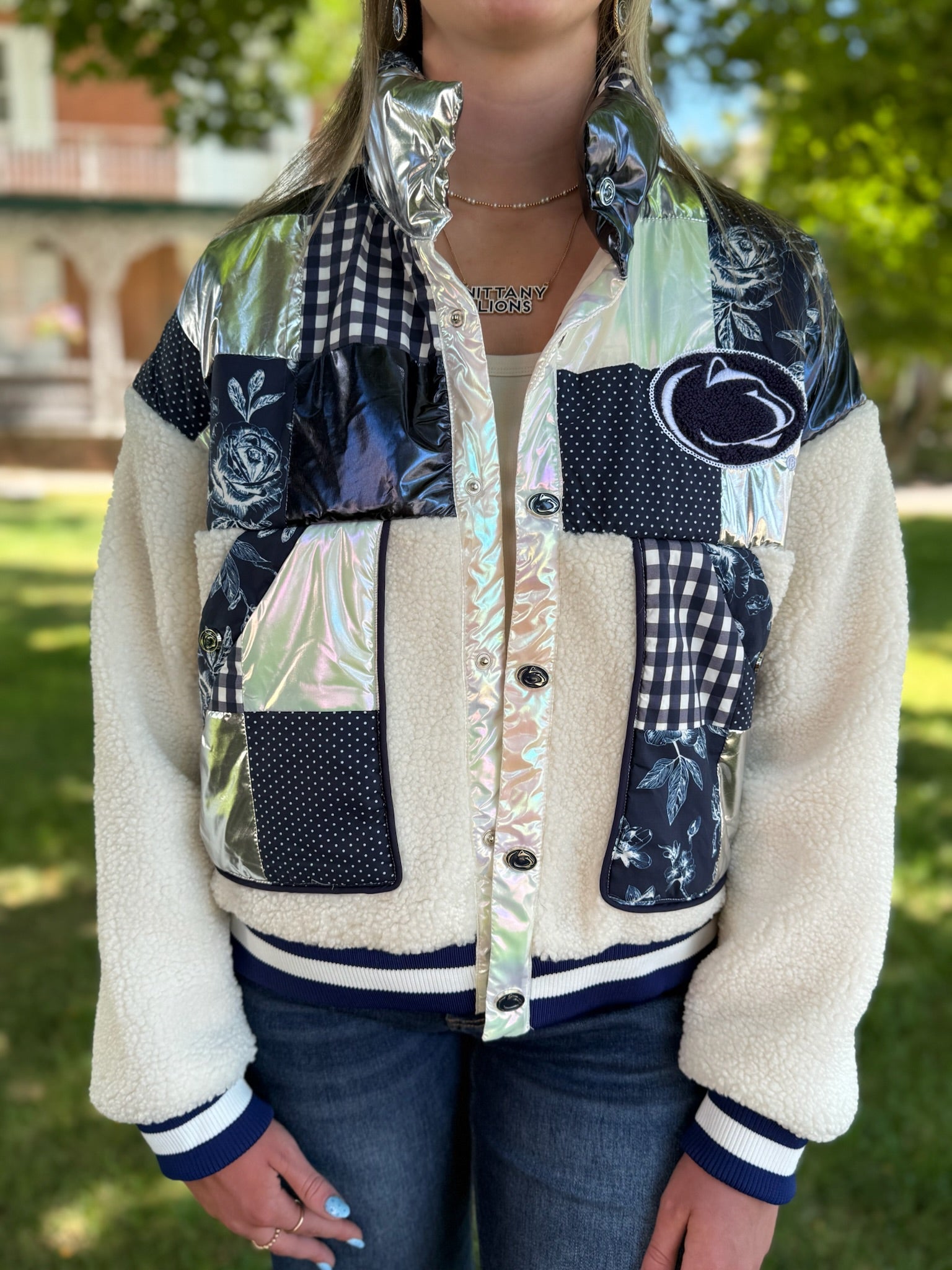 Penn State Patchwork Sherpa Jacket - Juli's Wearable Art