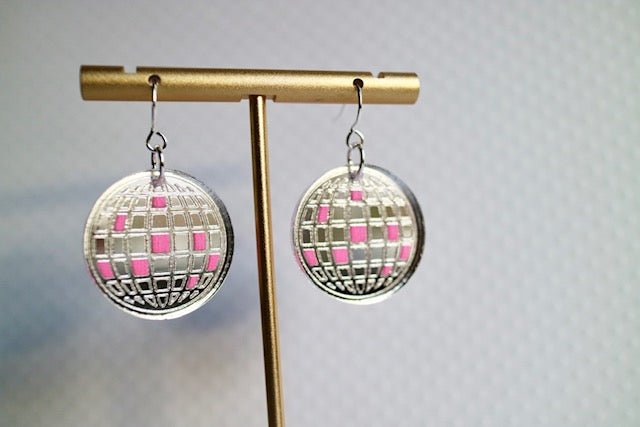 Pink Disco Ball Acrylic Earrings - Juli's Wearable Art