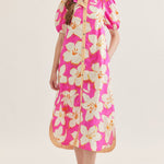 Pink Floral Puff Sleeve Midi Dress - Juli's Wearable Art