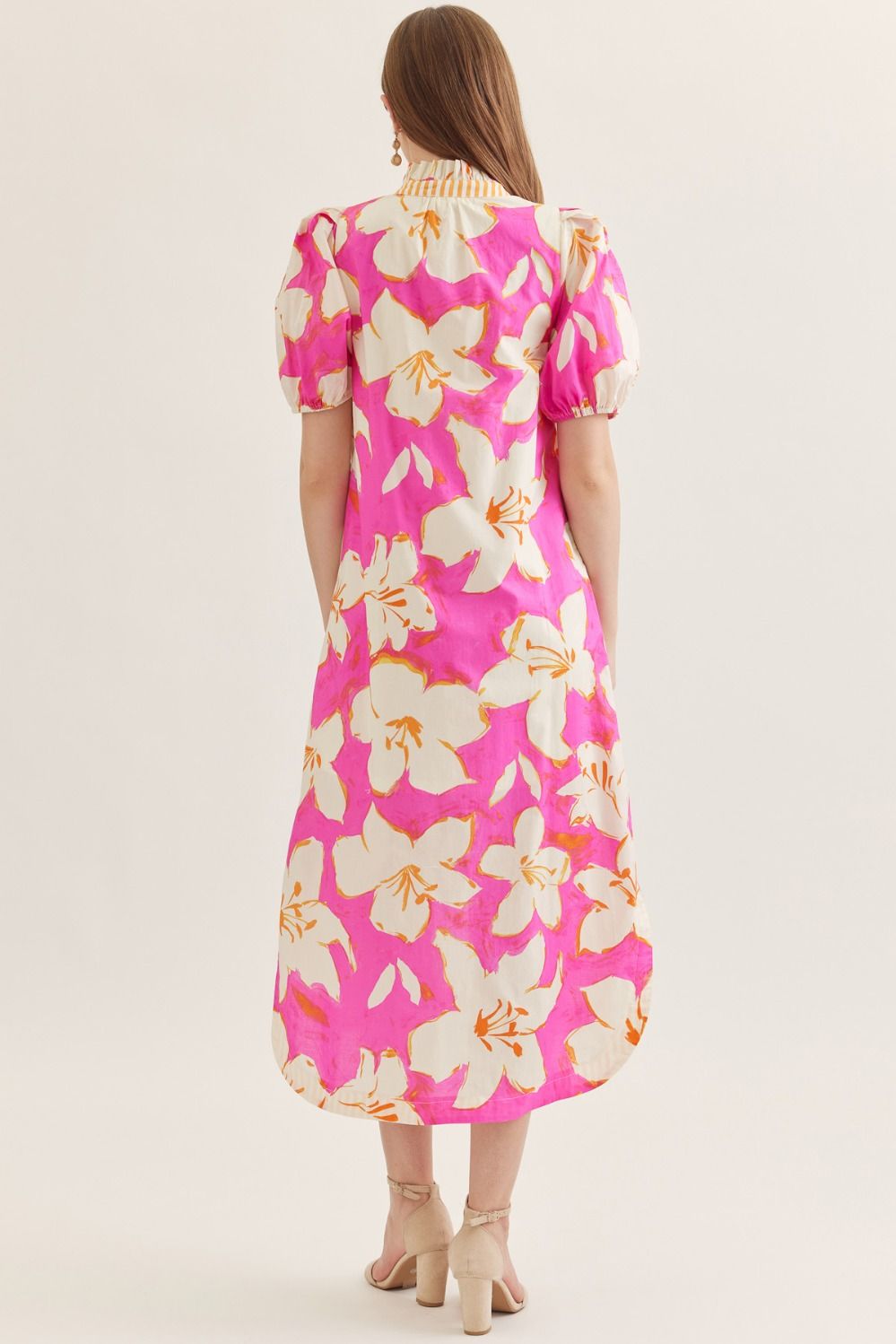 Pink Floral Puff Sleeve Midi Dress - Juli's Wearable Art