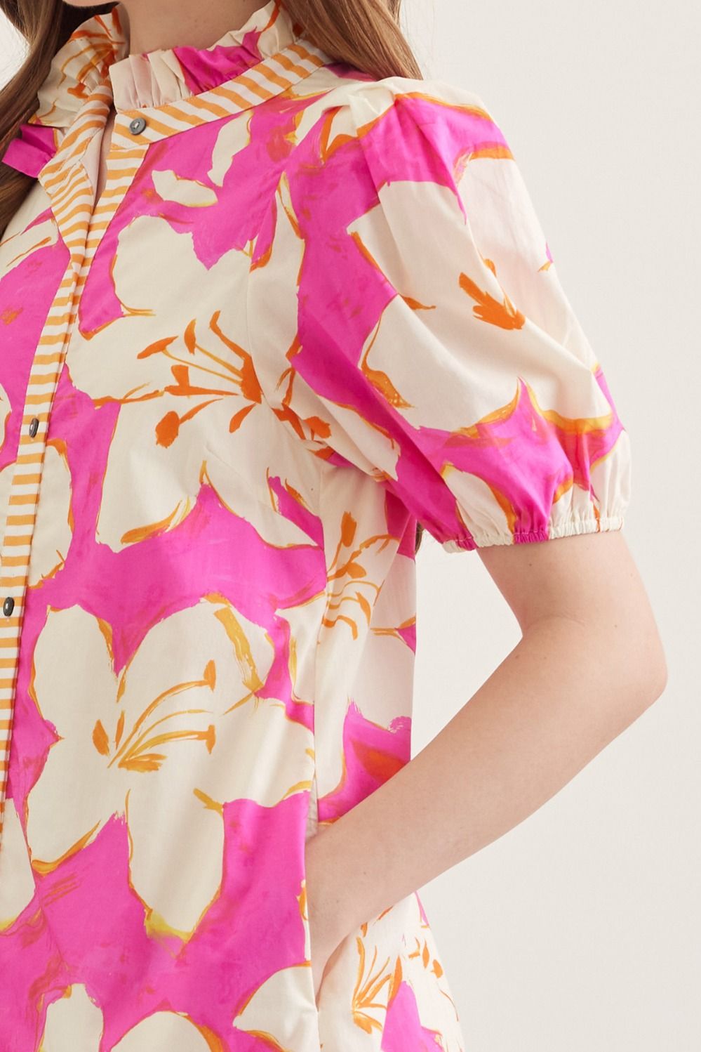 Pink Floral Puff Sleeve Midi Dress - Juli's Wearable Art
