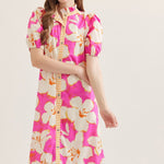 Pink Floral Puff Sleeve Midi Dress - Juli's Wearable Art