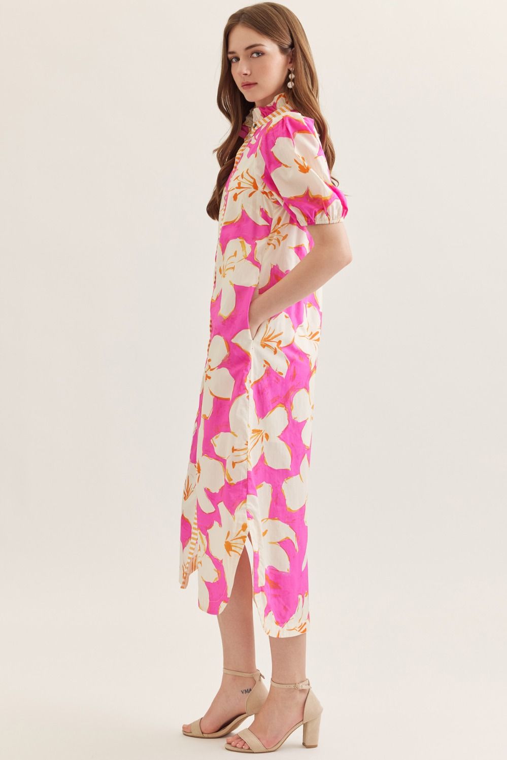 Pink Floral Puff Sleeve Midi Dress - Juli's Wearable Art