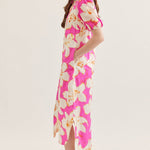 Pink Floral Puff Sleeve Midi Dress - Juli's Wearable Art