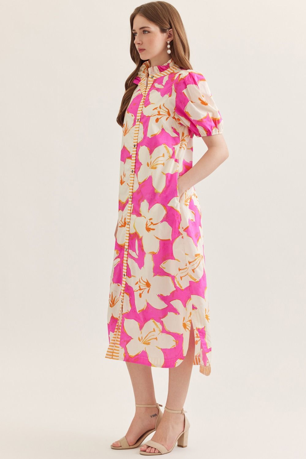 Pink Floral Puff Sleeve Midi Dress - Juli's Wearable Art