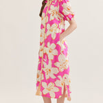 Pink Floral Puff Sleeve Midi Dress - Juli's Wearable Art