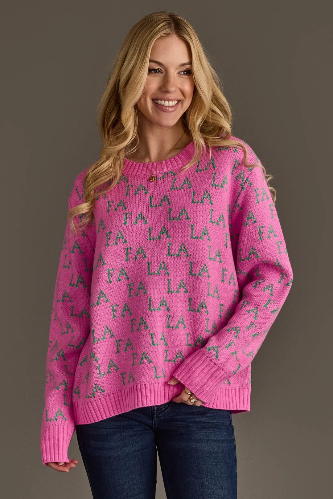 Pink & Green "Fa La La" Christmas Sweater - Juli's Wearable Art