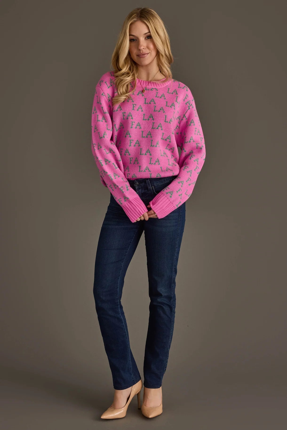 Pink & Green "Fa La La" Christmas Sweater - Juli's Wearable Art
