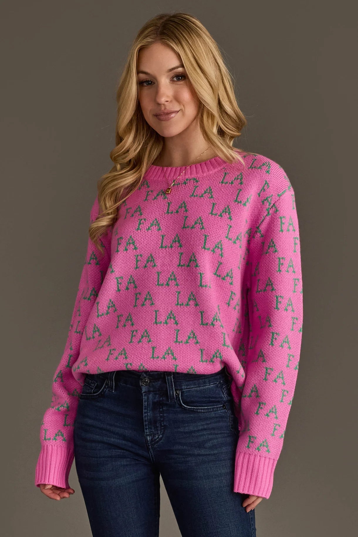 Pink & Green "Fa La La" Christmas Sweater - Juli's Wearable Art