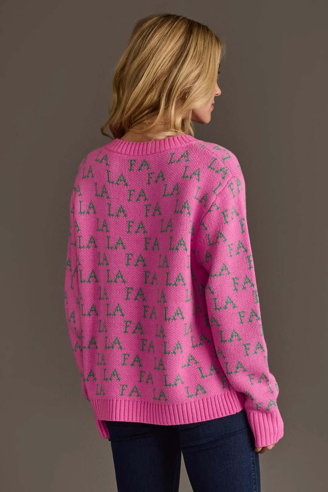 Pink & Green "Fa La La" Christmas Sweater - Juli's Wearable Art