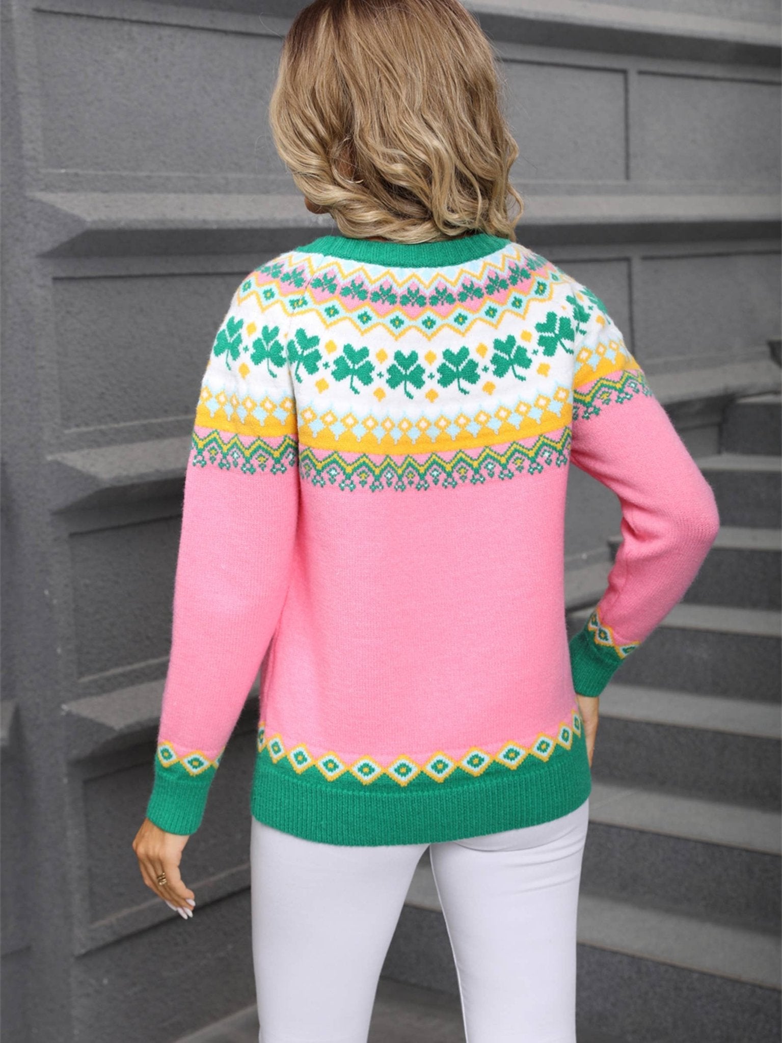 Pink & Green Retro Jacquard Clover Pullover Sweater - Juli's Wearable Art