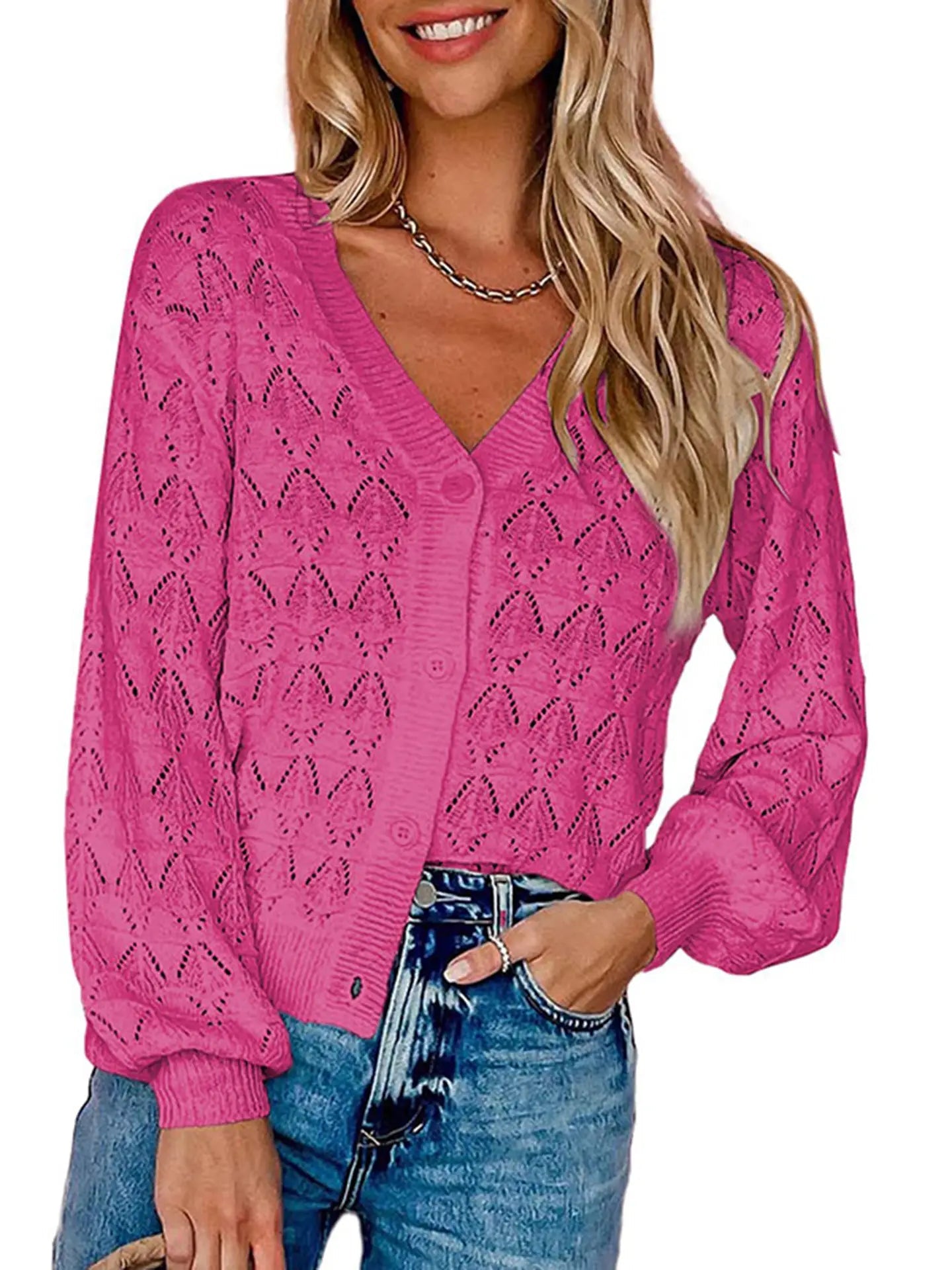 Pink Knitted V - Neck Button - Up Sweater - Juli's Wearable Art