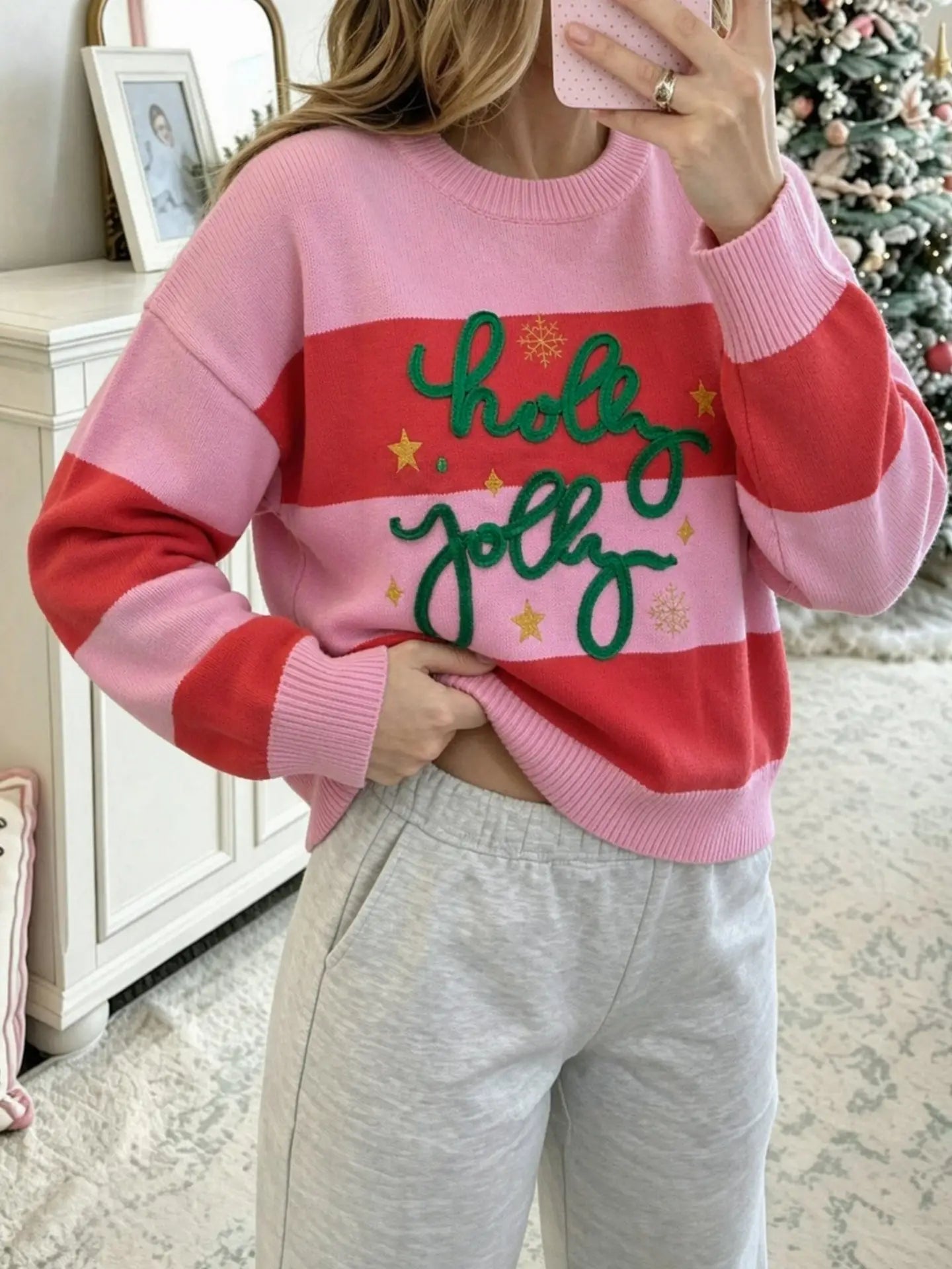 Pink Stripe Holly Jolly Christmas Sweater